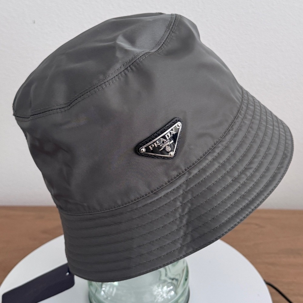 Prada Gray Nylon Bucket Hat Logo Triangle Made in Italy Size SM 57cm